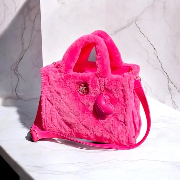 Juicy Couture Large Bag Pink Faux Fur Tote Bag w/ Crossbody Strap. So cute! 🩷 - Picture 9 of 12